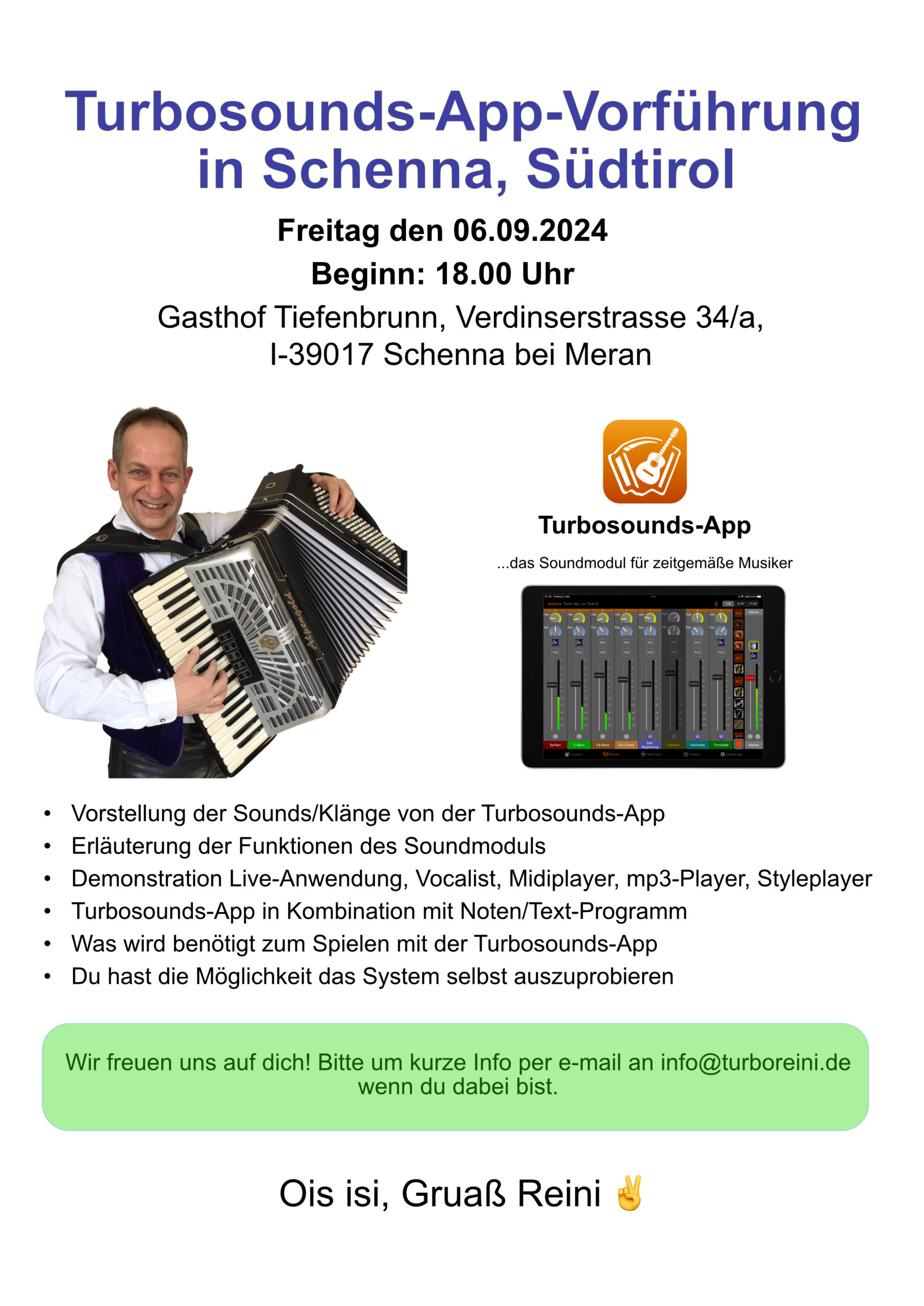 Turbosounds-App Vorführung in Schenna, Südtirol am Freitag den 06.09.2024 ab 18 Uhr, Gasthof Tiefenbrunn