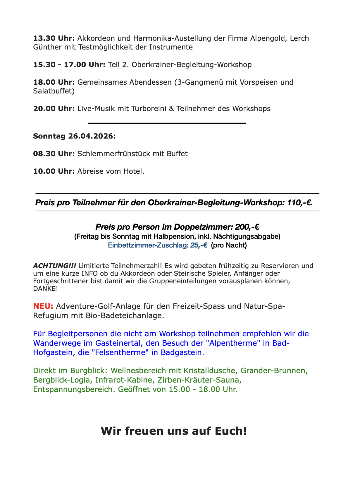 Harmonika u. Akkordeon-Wochenende vom 24.04. - 26.04.2026 in Dorfgastein.2